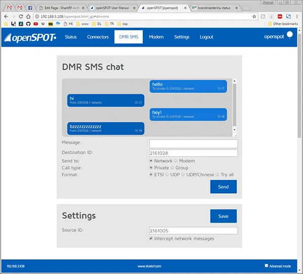 openSPOT1 DMR SMS page