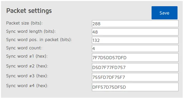 openSPOT1 Modem packet settings page
