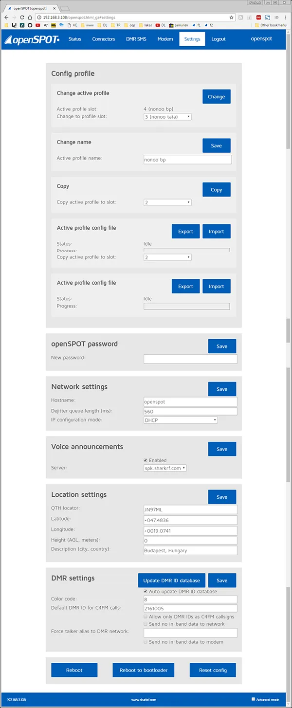 openSPOT1 Settings page